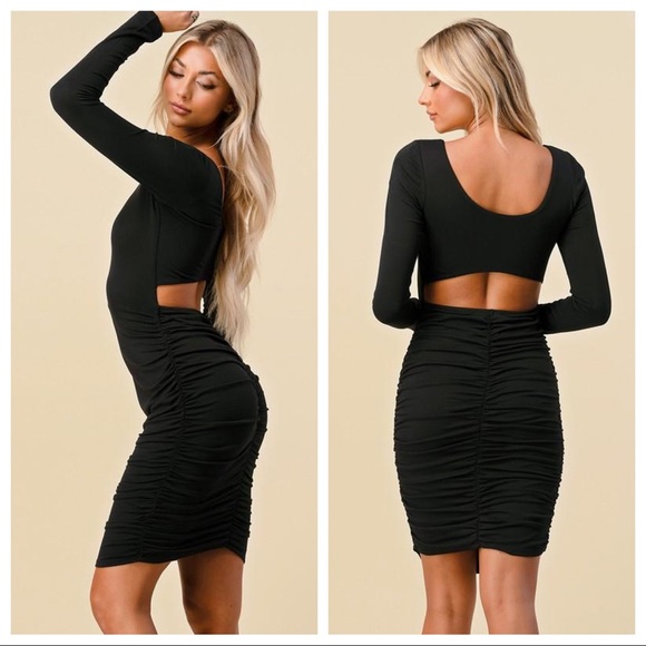 Appealing Ruched Long Sleeve Dress-Blk - Picture 2 of 2